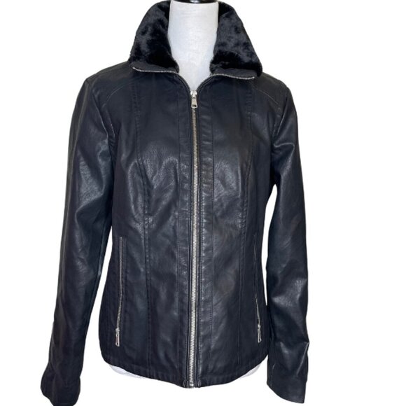 Baccini Jackets & Blazers - Baccini Women's Faux Leather Aviator Jacket Black Fur Collar Full Zip Size Large